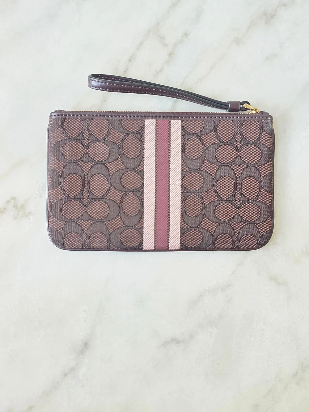 COACH Dempsey Large Corner Zip Wristlet Signature Jacquard Stripe